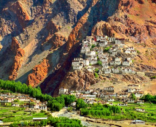 Beautiful scenic view - ancient Stongde Buddhist Monastery (Gompa) and traditional Tibet village against the background of barren mountain wall in Suru valley, Ladakh, Himalaya, Jammu & Kashmir, India